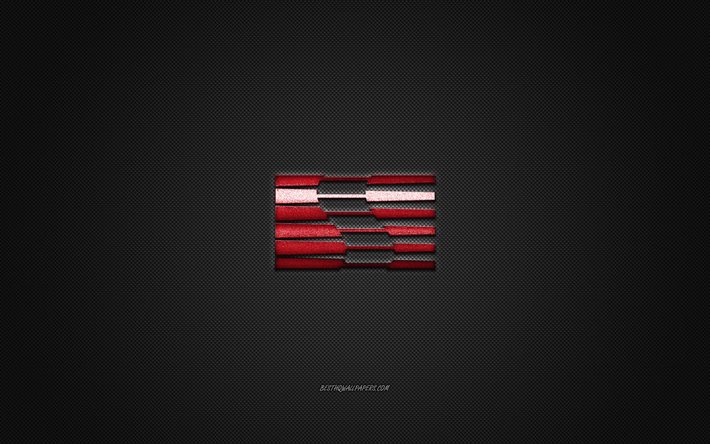 Logo Saleen, logo rosso, sfondo grigio in fibra di carbonio, emblema in metallo Saleen, Saleen, marchi di automobili, arte creativa