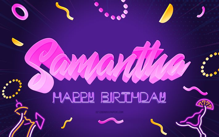 お誕生日おめでとうサマンサ, 4k, 紫のパーティーの背景, サマンサ, クリエイティブアート, サマンサお誕生日おめでとう, サマンサの名前, サマンサの誕生日, 誕生日パーティーの背景