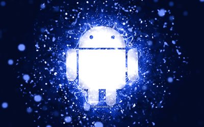 Android koyu mavi logo, 4k, koyu mavi neon ışıklar, yaratıcı, koyu mavi arka plan, Android logosu, OS, Android