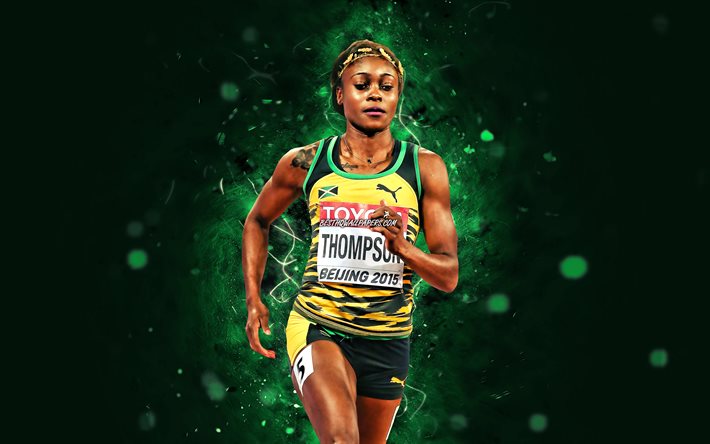 Elaine Thompson Herah, 4k, luzes de n&#233;on amarelas, ex-velocista jamaicana, atleta, Elaine Thompson, atletismo, criativa, Elaine Thompson Herah 4K