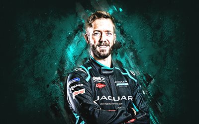 Sam Bird, Jaguar Racing, British racing driver, Formula E, turquoise stone background, grunge art