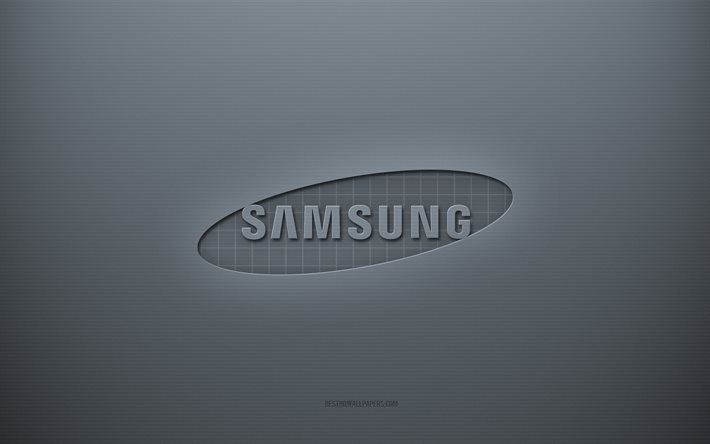 Samsung logosu, gri yaratıcı arka plan, Samsung amblemi, gri kağıt dokusu, Samsung, gri arka plan, Samsung 3d logosu