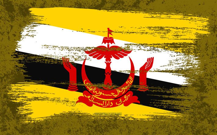 4k, Flag of Brunei, grunge flags, Asian countries, national symbols, brush stroke, Brunei flag, grunge art, Asia, Brunei