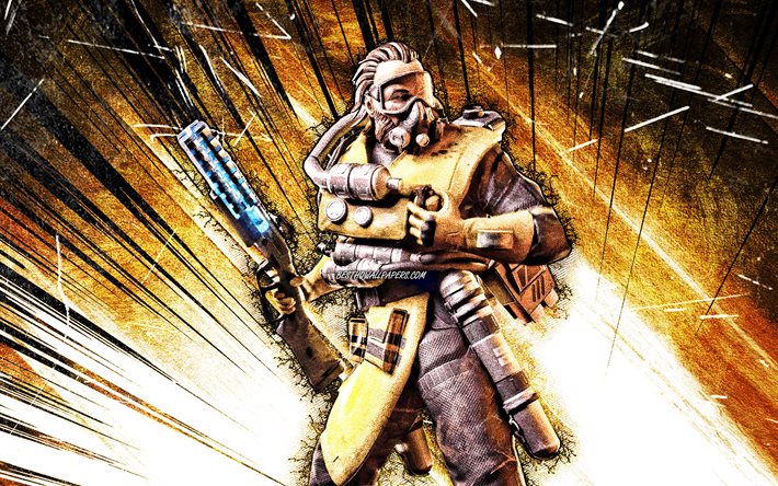 4k, Caustic, grunge art, Apex Legends, Toxic Trapper, Apex Legends characters, yellow abstract rays, Caustic Skin, Caustic Apex Legends