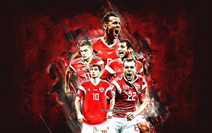 Russia national football team, red stone background, Russia, football, Denis Cheryshev, Artyom Dzyuba