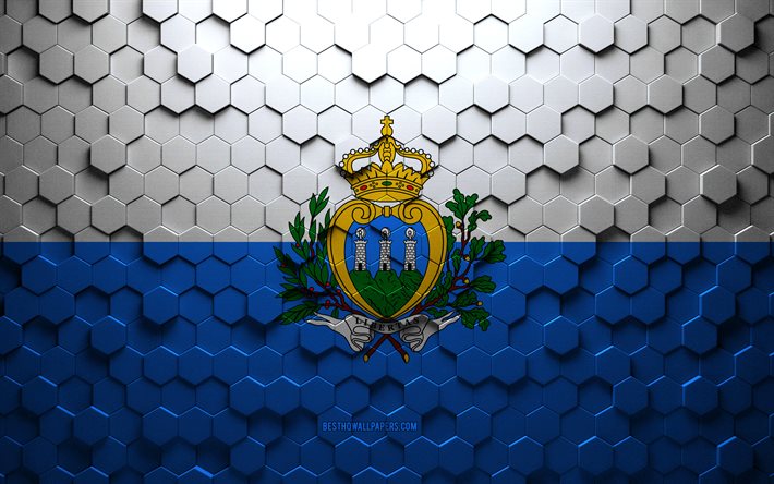 Bandeira de San Marino, arte em favo de mel, bandeira de hex&#225;gonos de San Marino, San Marino, arte em hex&#225;gonos 3D, bandeira de San Marino