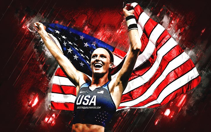 Sandi Morris, Amerikalı atlet, Amerikan sırıkla atlama, kırmızı taş zemin, ABD, Amerikan bayrağı, ABD bayrağı