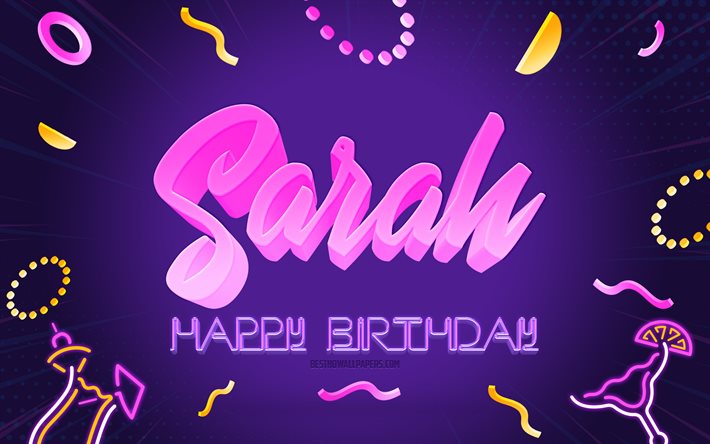 お誕生日おめでとうサラ, 4k, 紫のパーティーの背景, サラ, クリエイティブアート, サラの誕生日おめでとう, サラの名前, サラの誕生日, 誕生日パーティーの背景