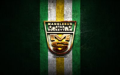 Manglerud, golden logo, Eliteserien, green metal background, norwegian hockey team, Fjordkraft-ligaen, Manglerud logo, hockey, Norway, Manglerud Star Ishockey, HC Manglerud