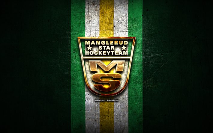 Manglerud, logo dorado, Eliteserien, fondo de metal verde, equipo de hockey noruego, Fjordkraft-ligaen, logo Manglerud, hockey, Noruega, Manglerud Star Ishockey, HC Manglerud
