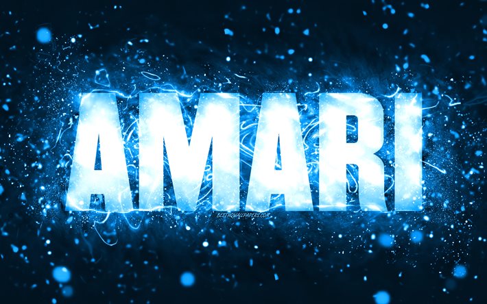 Feliz Anivers&#225;rio Amari, 4k, luzes de n&#233;on azuis, Nome Amari, criativo, Anivers&#225;rio Amari, nomes populares americanos masculinos, foto com o nome Amari, Amari