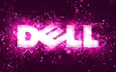 Logotipo púrpura de Dell, 4k, luces de neón púrpura, creativo, fondo abstracto púrpura, logotipo de Dell, marcas, Dell