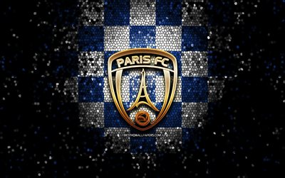 Paris FC, glitter logo, Ligue 2, blue white checkered background, soccer, french football club, Paris FC logo, mosaic art, football, FC Paris