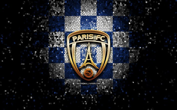 Paris FC, logotipo brilhante, Ligue 2, fundo xadrez branco azul, futebol, clube de futebol franc&#234;s, logotipo do Paris FC, arte em mosaico, FC Paris
