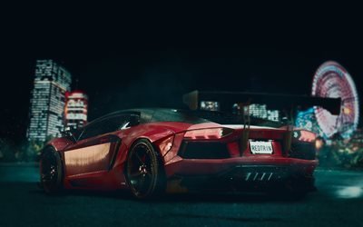 Lamborghini Aventador, la nuit, supercars, rouge Aventador, tuning, italien, voitures, Lamborghini