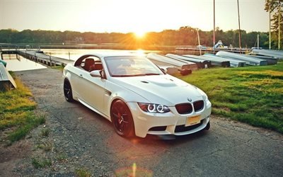 E92, tuning, BMW M3, sunset, valkoinen m3, laituri, BMW