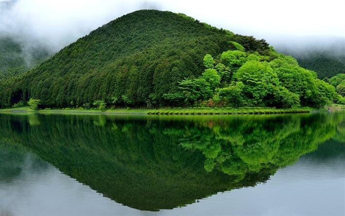 Jap&#227;o, reflex&#227;o, montanha, colina, lago