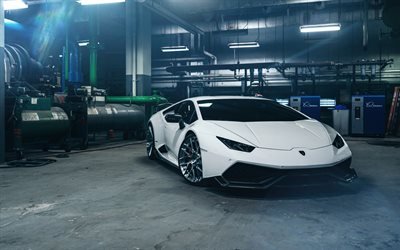 Lamborghini Huracan, Sport auto, tuning Lamborghini, blanc Huracan, garage, voitures de sport italiennes