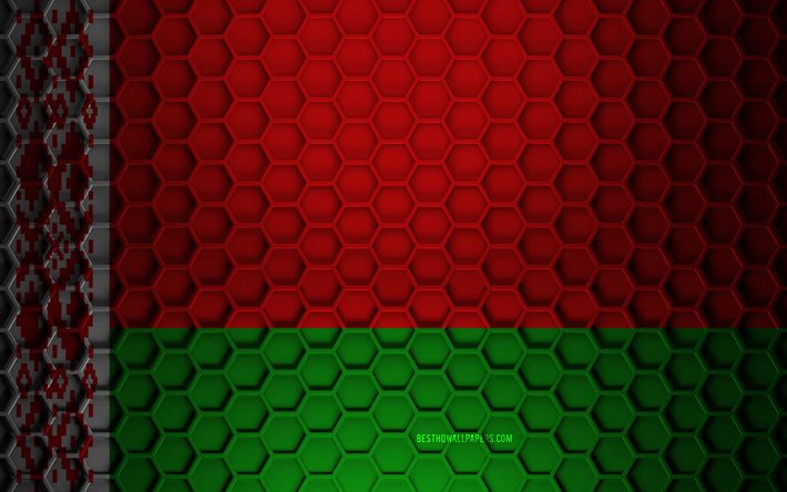 Drapeau biélorusse, texture hexagones 3D, Biélorussie, texture 3D, drapeau 3D Biélorussie, texture métallique, drapeau de la Biélorussie