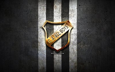 CA All Boys, logo dorato, Primera Nacional, sfondo in metallo nero, calcio, squadra di calcio argentina, logo All Boys, Argentina, All Boys FC