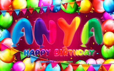 Feliz Anivers&#225;rio Anya, 4k, quadro de bal&#227;o colorido, nome Anya, fundo roxo, Anya Feliz Anivers&#225;rio, Anya Birthday, nomes femininos populares americanos, conceito de anivers&#225;rio, Anya