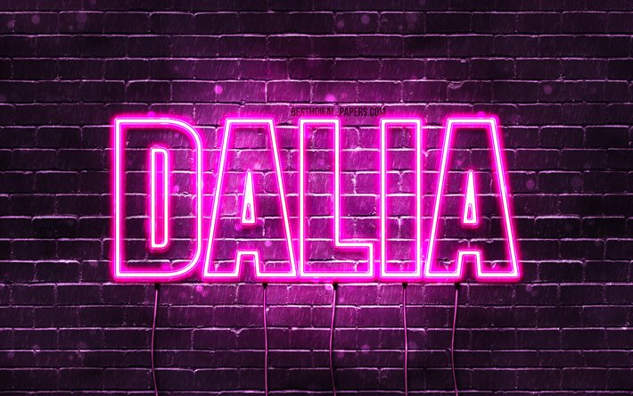 Dalia, 4k, bakgrundsbilder med namn, kvinnliga namn, Dalia namn, lila neonljus, Grattis p&#229; f&#246;delsedagen Dalia, popul&#228;ra arabiska kvinnliga namn, bild med Dalia namn