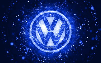 Volkswagen logotipo azul escuro, 4k, luzes neon azul escuro, fundo criativo, azul escuro abstrato, logotipo volkswagen, marcas de carros, Volkswagen