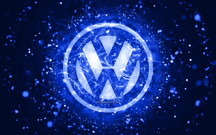 Volkswagen tummansininen logo, 4k, tummansiniset neonvalot, luova, tummansininen abstrakti tausta, Volkswagen-logo, automerkit, Volkswagen