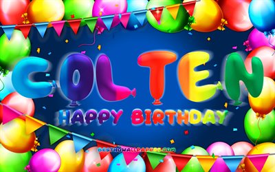 Joyeux anniversaire Colten, 4k, cadre de ballon color&#233;, nom Colten, fond bleu, Colten Joyeux anniversaire, Colten anniversaire, noms masculins am&#233;ricains populaires, Concept d’anniversaire, Colten