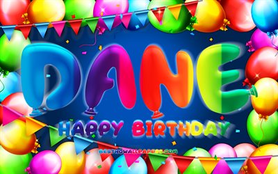 誕生日おめでとう, 4k, カラフルなバルーンフレーム, デーン名, 青い背景, デーンの誕生日, 人気のあるアメリカ人男性の名前, 誕生日のコンセプト, デーン