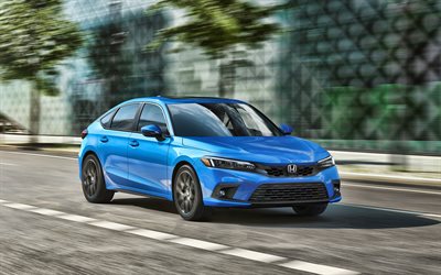 2022, Honda Civic Hatchback, 4k, vue de face, ext&#233;rieur, nouveau bleu Civic, voitures japonaises, Honda