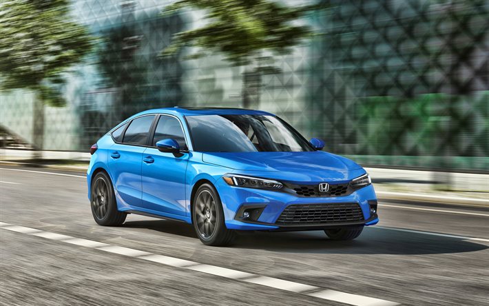 2022, Honda Civic Hatchback, 4k, vista frontale, esterno, nuova Civic blu, auto giapponesi, Honda