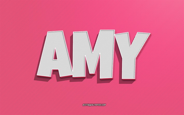 Amy, rosa linjer bakgrund, bakgrundsbilder med namn, Amy namn, kvinnliga namn, Amy gratulationskort, konturteckningar, bild med Amy namn