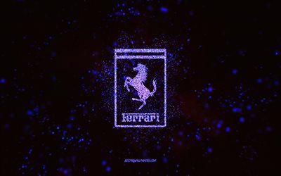 Ferrari parıltılı logo, 4k, siyah arka plan, Ferrari logosu, mavi parıltılı sanat, Ferrari, yaratıcı sanat, Ferrari mavi parıltılı logo