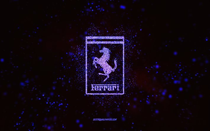 Logotipo com glitter azul da Ferrari, 4k, fundo preto, logotipo da Ferrari, arte com glitter azul, Ferrari, arte criativa, logotipo com glitter azul da Ferrari