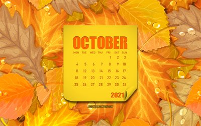 Calend&#225;rio de outubro de 2021, fundo de outono com folhas, outubro, fundo de folhas de outono, calend&#225;rio de outubro de 2021, conceitos de 2021