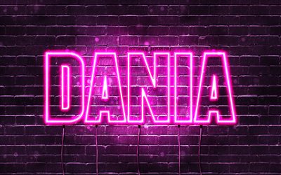 dania, 4k, hintergrundbilder mit namen, weiblichen namen, dania-name, lila neonlichter, happy birthday dania, beliebte arabische frauennamen, bild mit dania-namen