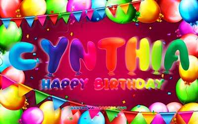 happy birthday cynthia, 4k, bunter ballonrahmen, cynthia name, lila hintergrund, cynthia happy birthday, cynthia birthday, beliebte amerikanische weibliche namen, geburtstagskonzept, cynthia
