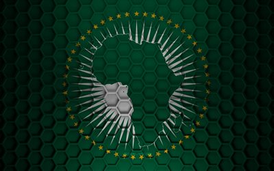 African Union flag, 3d hexagons texture, African Union, 3d texture, African Union 3d flag, metal texture, flag of African Union
