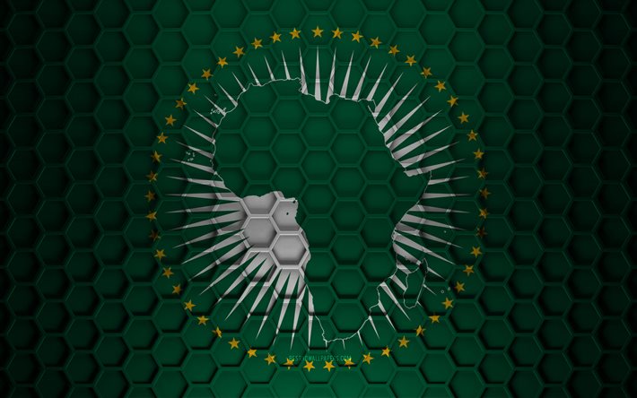 flagge der afrikanischen union, 3d-sechsecke textur, afrikanische union, 3d-textur, 3d-flagge der afrikanischen union, metallstruktur