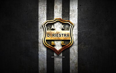 Deportivo Riestra FC, golden logo, Primera Nacional, black metal background, football, argentinian football club, Deportivo Riestra logo, soccer, Argentina, Deportivo Riestra