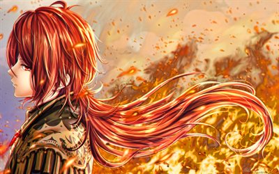 Diluc, fire flames, Genshin Impact, 4k, protagonists, manga, warriors, Diluc Genshin Impact