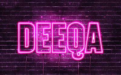 Deeqa, 4k, fonds d&#39;&#233;cran avec des noms, noms f&#233;minins, nom Deeqa, n&#233;ons violets, joyeux anniversaire Deeqa, noms f&#233;minins arabes populaires, photo avec nom Deeqa