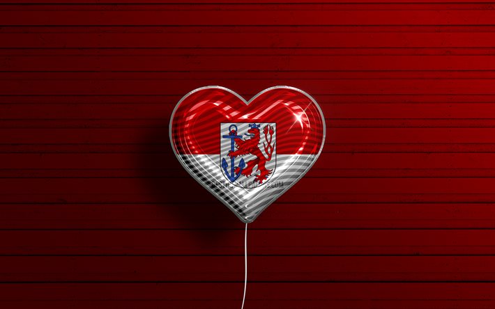 I Love Dusseldorf, 4k, palloncini realistici, sfondo di legno rosso, citt&#224; tedesche, bandiera di Dusseldorf, Germania, palloncino con bandiera, Dusseldorf, Giorno di Dusseldorf