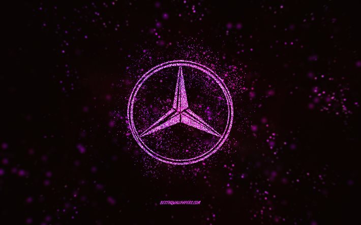 Mercedes glitter logo, 4k, black background, Mercedes logo, purple glitter art, Mercedes, creative art, Mercedes purple glitter logo