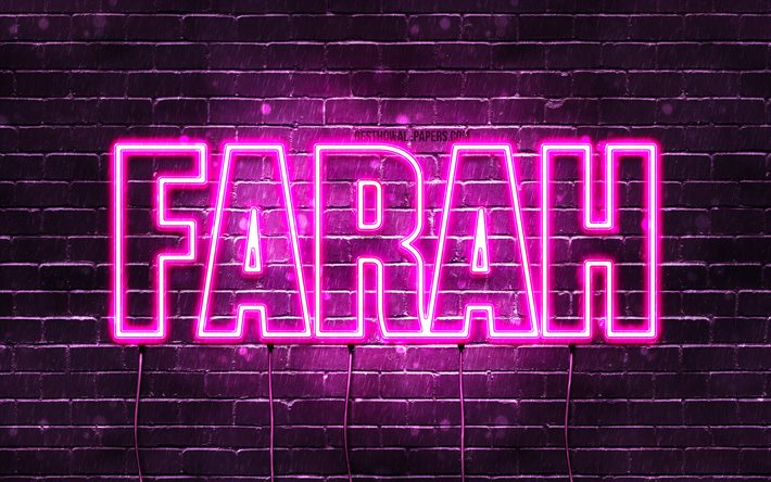 Farah, 4k, fonds d&#39;&#233;cran avec des noms, noms f&#233;minins, nom Farah, n&#233;ons violets, joyeux anniversaire Farah, noms f&#233;minins arabes populaires, photo avec nom Farah