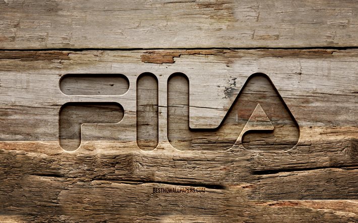 Fila wooden logo, 4K, wooden backgrounds, fashion brands, Fila logo, creative, wood carving, Fila