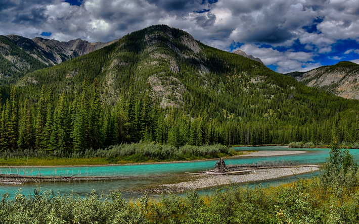 Bow River, Mountains, forest, mountain river, Banff National Park, Canada