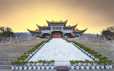 China, mountains, temple, stairs, sunset, Asia