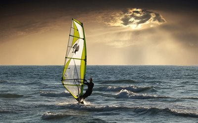 Windsurfing, Extreme sport, sea, waves, evening, sunset, wind